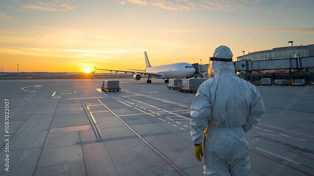 Aufkleber Cargo loading and handling at an airport with a worker in protective gear managing the loading process an airplane in the background during golden hour lighting
