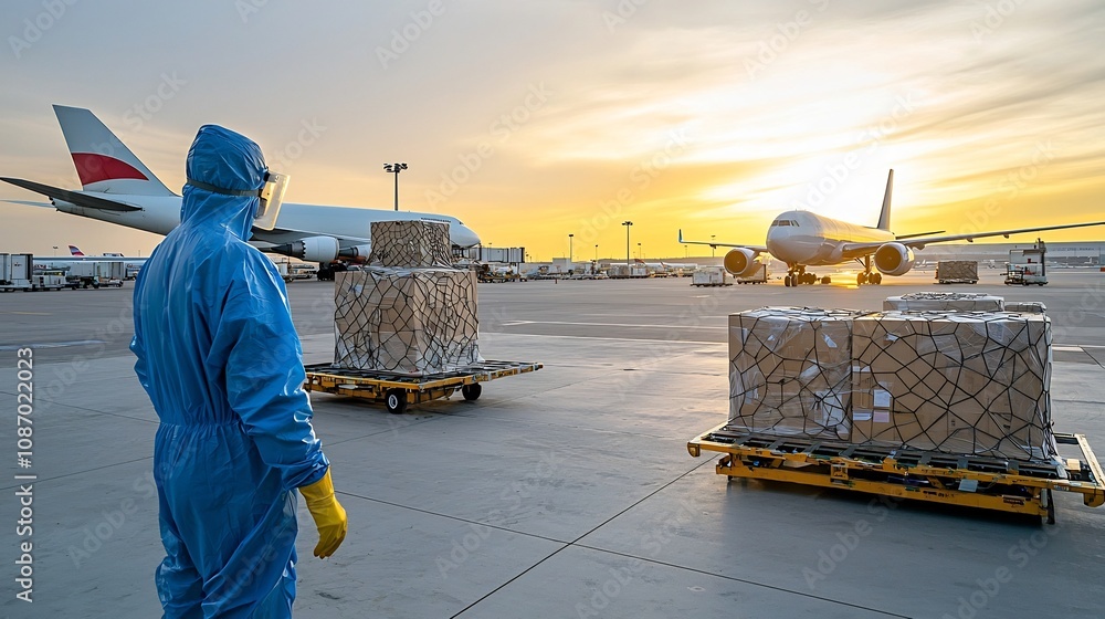 Poster Efficient cargo loading and transportation at a bustling airport with a worker in protective gear managing the loading process an airplane visible in the background under golden hour lighting