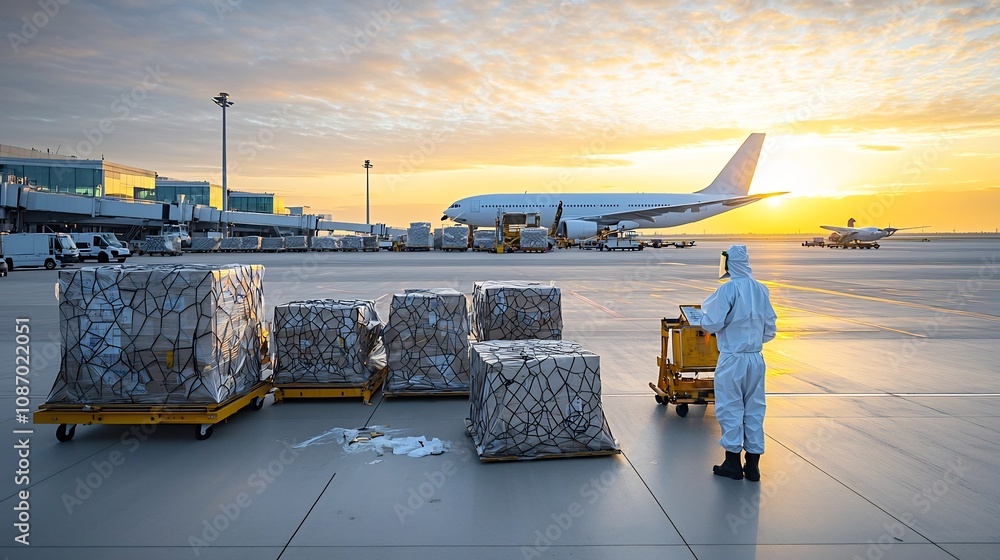 Poster cargo handling at an airport with a worker in protective gear managing the loading process of an air