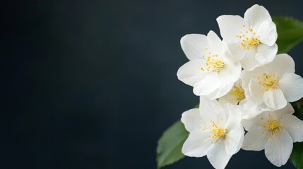 Elegant White Blooms on Dark Canvas, a closeup depiction of exquisite white flowers against a deep backdrop, minimalist aesthetic with ample negative space enhancing their beauty.