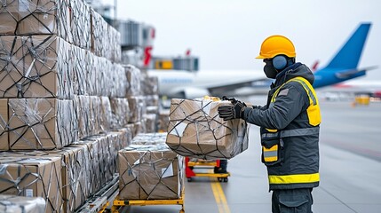 Fototapeta premium Airport Ground Crew Member Wearing Safety Gear Overseeing Large Packages and Cargo Being Loaded onto Airplane Tarmac Before Takeoff