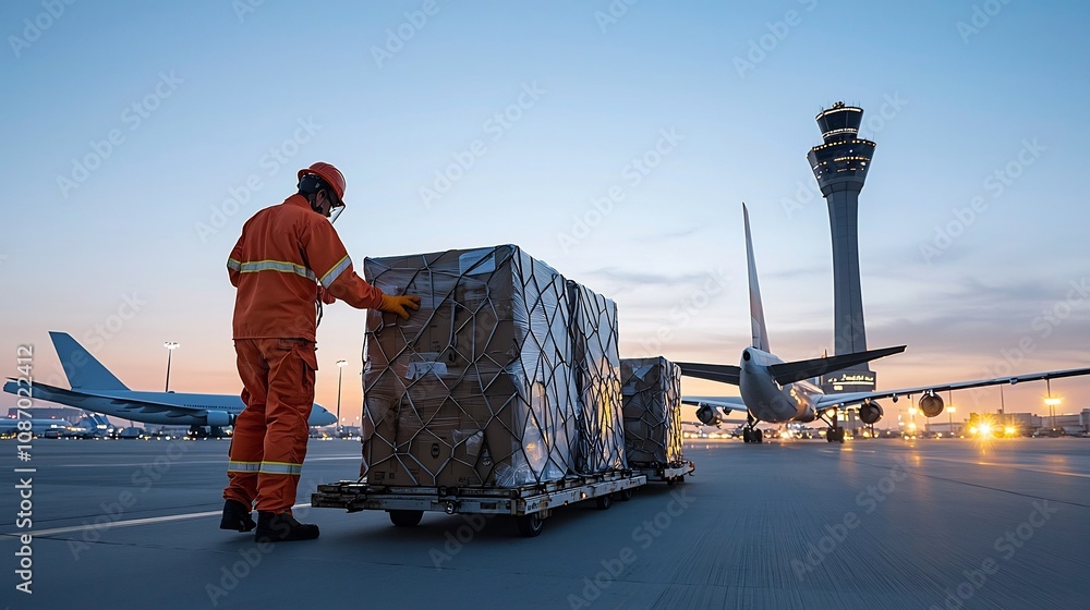 Aufkleber ground staff member in orange safety suit managing cargo loading and unloading on an airfield with a