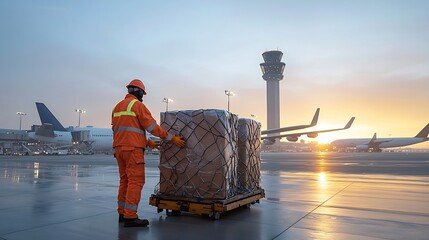 An orange clad airport ground staff member managing cargo loading and unloading on an airfield with the silhouetted wings of an aircraft and airport tower visible in the soft evening light