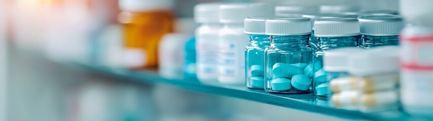 Pharmacy Counter Scene, close-up view of a pharmacy counter with blurred shelves of medication in a minimalist, clean setting, emphasizing simplicity and organization.