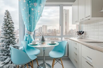 Stylish modern kitchen featuring built in appliances and festive christmas decor in pastel hues