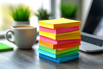 Fototapeta premium Colorful sticky notes with handwritten reminders scattered on a desk, alongside a laptop and coffee cup, creating a vibrant and creative workspace. 