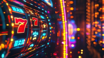 Abstract casino slot machine background. Colourful online casino banner 777 big winning symbol of gold jackpot, casino bar celebration light graphic.