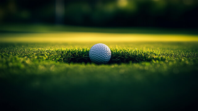 ゴルフのカップに収まったゴルフボールのクローズアップ