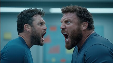 Investing mistake fail business and volatility Concept, Two men with similar appearances face each other, shouting intensely in a dramatic confrontation, wearing matching blue shirts.