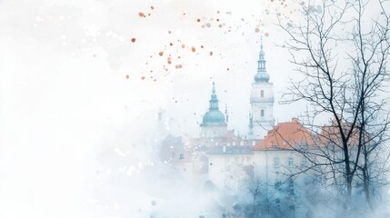 Obraz premium Vintage aquarelle painting of an old city, intricate details and soft colors, evocative charm, minimalist backdrop, inviting serene atmosphere, capturing historical essence