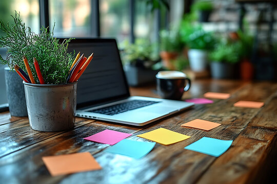 Colorful sticky notes with handwritten reminders scattered on a desk, alongside a laptop and coffee cup, creating a vibrant and creative workspace.
