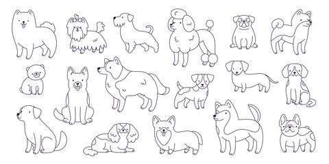 Outline cute dogs set. Vector cartoon line dogs collection. Purebred dogs silhouette bundle.
