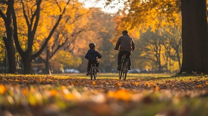 Fototapeta premium Father and son biking on a fall path.