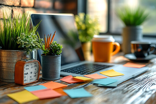 Colorful sticky notes with handwritten reminders scattered on a desk, alongside a laptop and coffee cup, creating a vibrant and creative workspace.
