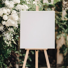 Mockup of a white canvas on an easel as a welcome sign at a wedding All monochrome colors, white and beige flowers