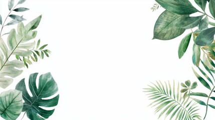 Naklejka premium Tropical Foliage Banner, vibrant watercolor illustration of lush tropical leaves and branches on a clean white background, ideal for invitations or decorative purposes
