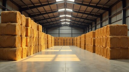 a wide baled hay warehouse filled for the winter