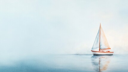 Sailing Serenity, a hand-painted watercolor illustration of a sailing boat in a minimalist setting, featuring a close-up view with a clean and simple backdrop.