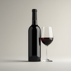 bottle of wine with a glass on a neutral background realistic photo