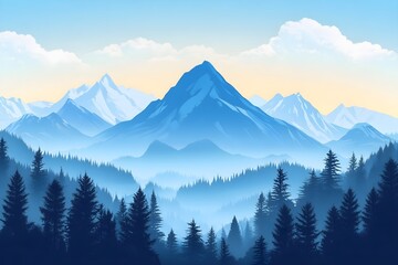 Fototapeta premium vector background of forest, jungle with waterfall for nature cover for banner, poster illustration, nature, vector, background, hill, sky, mountain, tree, environment, horizon, summer, blue, forest