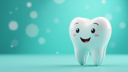 Smiling cartoon tooth on a blurred turquoise background symbolizing dental health and care