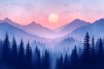 Fototapeta premium Beautiful landscape vector illustration of mountains, forests, fields and meadows. Stunning panoramic farm landscape with mountains in the background. Natural landscape 