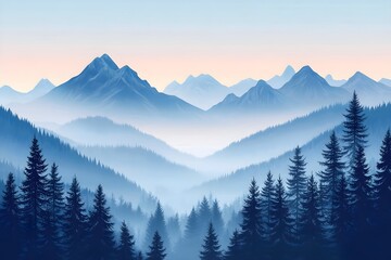 Fototapeta premium Beautiful landscape vector illustration of mountains, forests, fields and meadows. Stunning panoramic farm landscape with mountains in the background. Natural landscape 