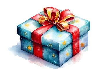 Obraz premium Watercolor christmas gift wrapped with red and gold ribbon