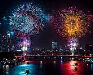 Fototapeta premium Vibrant fireworks display over city skyline at night, reflected in water.