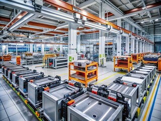 Generic EV Battery Pack on Electric Car Production Line in Modern Factory Highlighting High-Capacity Lithium-ion Batteries for Automotive Industry and Hybrid Vehicles