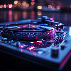 Artistic shot of a turntable with colorful reflections playing across the vinyl grooves, high-quality, professional focus, dimly lit setting with no overly bright lights.