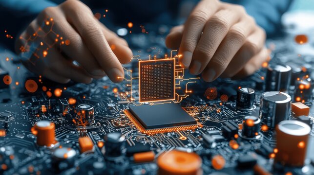 Hands adjusting quantum chip in secure environment closeup view technology concept