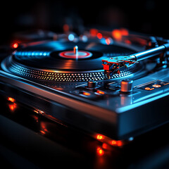 A sleek turntable surrounded by ambient red and blue lighting, soft reflections on the vinyl surface, high-quality photography with professional focus, no people.