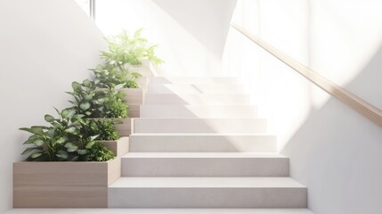 Minimalist Staircase with Sunlight and Greenery
