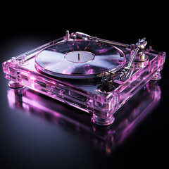 Stylized turntable with neon reflections, captured with balanced lighting and subtle color tones, high-definition professional photo, no people, no excessive brightness