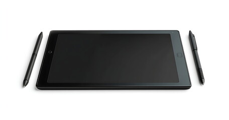 A black tablet with a pen on a white background