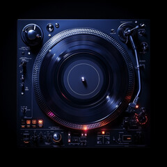 Top-down view of a spinning turntable with vibrant colors reflecting off the grooves of the record, professional photo, controlled and subtle lighting, no overly bright lights.