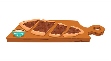 Turkish traditional food, meat flatbread pide with beef and vegetables on board. Vector isolated on white flat illustration.