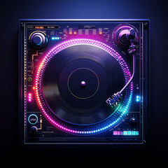 Top-down view of a spinning turntable with vibrant colors reflecting off the grooves of the record, professional photo, controlled and subtle lighting, no overly bright lights.
