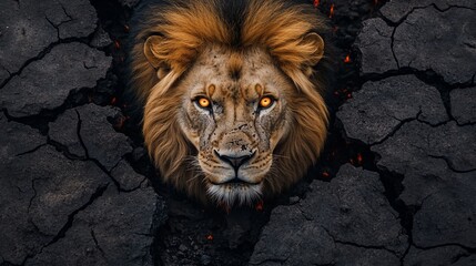 A majestic lion with fiery eyes emerges from cracked earth, symbolizing strength and resilience.