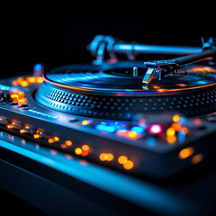 A vibrant close-up of a turntable with colorful reflections bouncing off the vinyl, shot in a dimly lit studio, professional photo, no people, balanced and soft lighting.