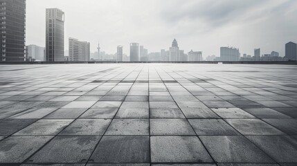 Fototapeta premium Empty square floor with city skyline background, Urban square with seasonal holiday market, festive city scene