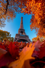 Eiffel Tower Framed by Vibrant Autumn Leaves
