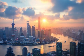 Obraz premium Artistic blurred city background with glowing skyscrapers and vibrant lights