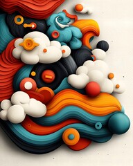 Obraz premium Surreal dreamscape composition featuring a dynamic arrangement of floating distorted abstract shapes and elements in a vibrant psychedelic color palette The image showcases a whimsical