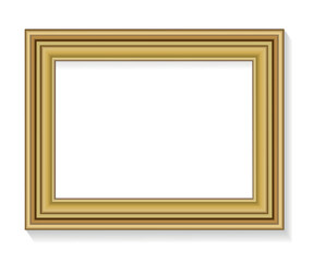 Thick Golden Rectangular Photo Frame with Shadows Isolated on White Background