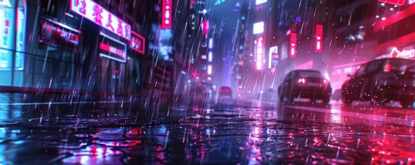Fototapeta premium Neon-lit cyberpunk street with rain-soaked pavement, 4K illustration.