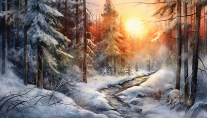 Winter morning sunrise in snow-covered pine forest landscape.