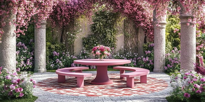 luxury pink and puce round table and benches in beautiful spring garden with flowers and elegant red and white paving stones 