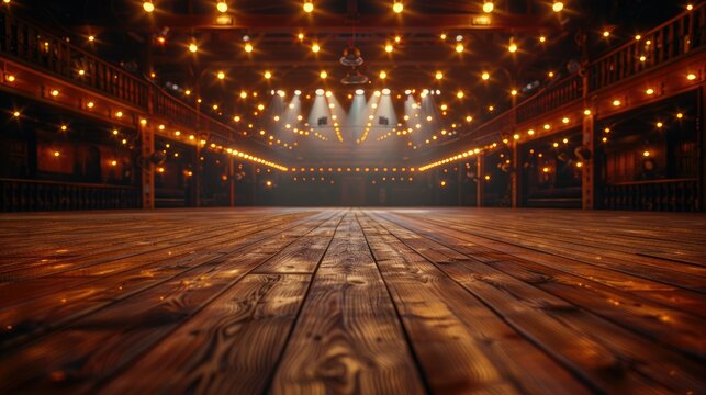 Empty wooden stage in a rustic saloon with warm lighting.